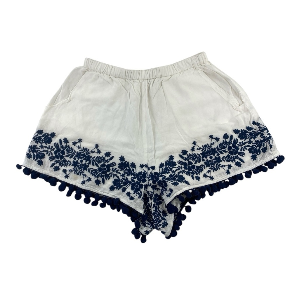 Show Me Your MuMu High Waist Embroidered White and Blue Bohemian Shorts Sz XS‎
